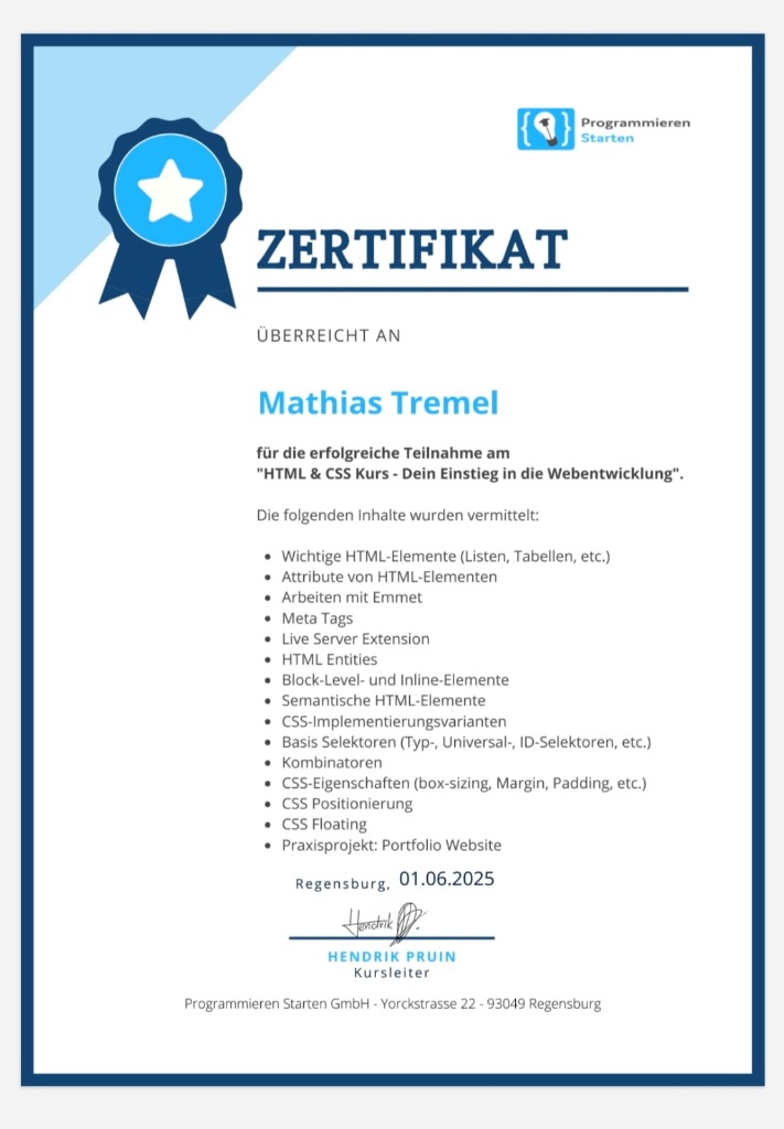 Zertifikat HTML & CSS – Mathias Tremel