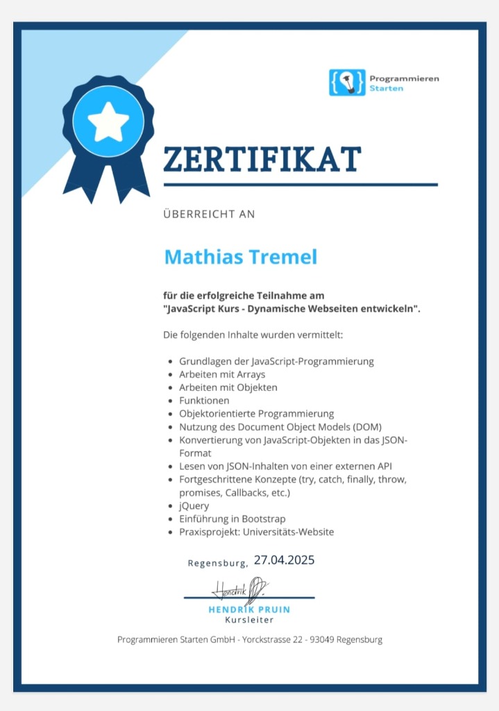 Zertifikat JavaScript – Mathias Tremel